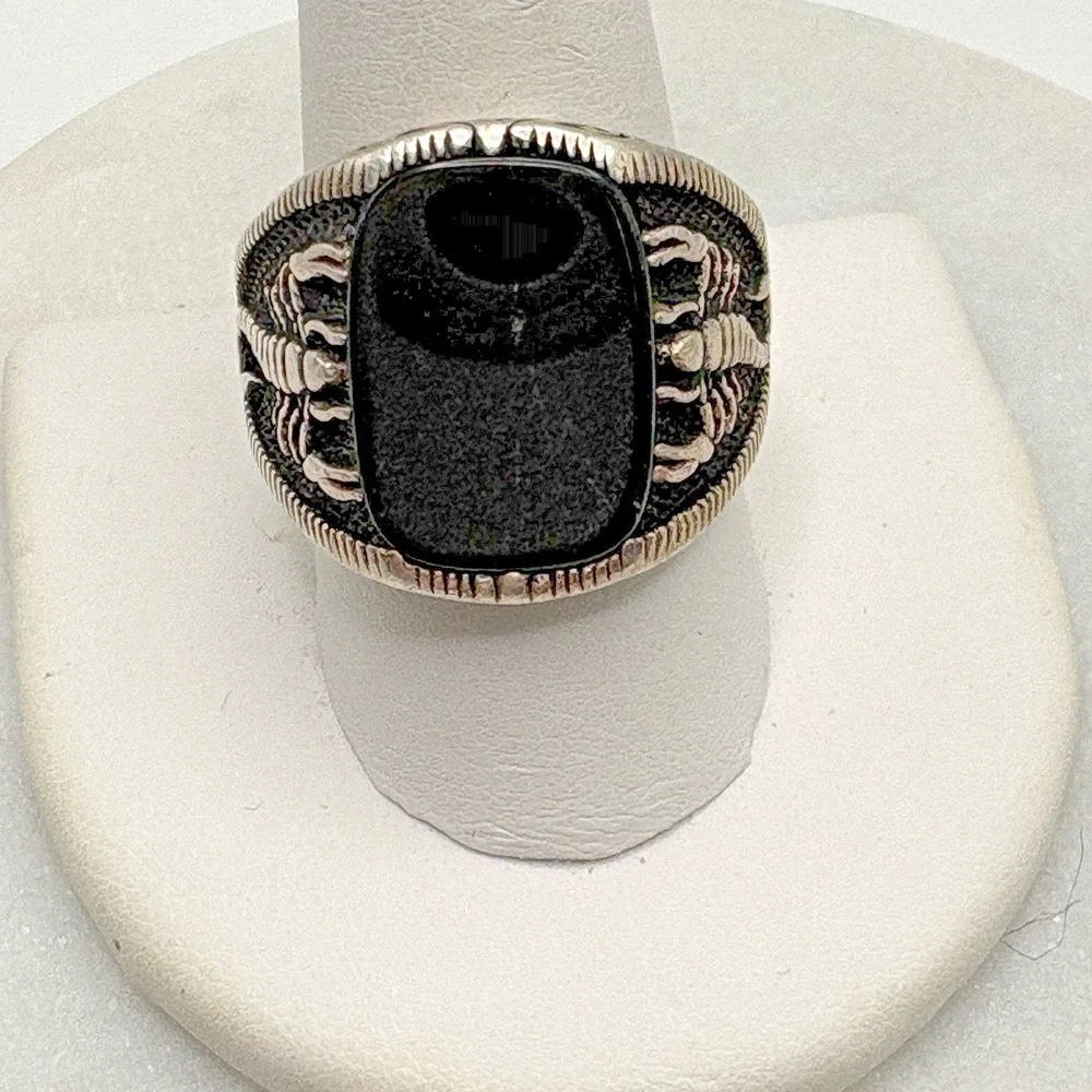 Vintage Estate Sterling Silver Onyx Mens Ring Size 11.5 Scorpion Biker Band READ